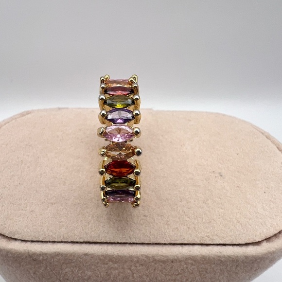 Gold Tone Rainbow Rhinestone RIng and C hoop pierced earrings - Picture 3 of 16